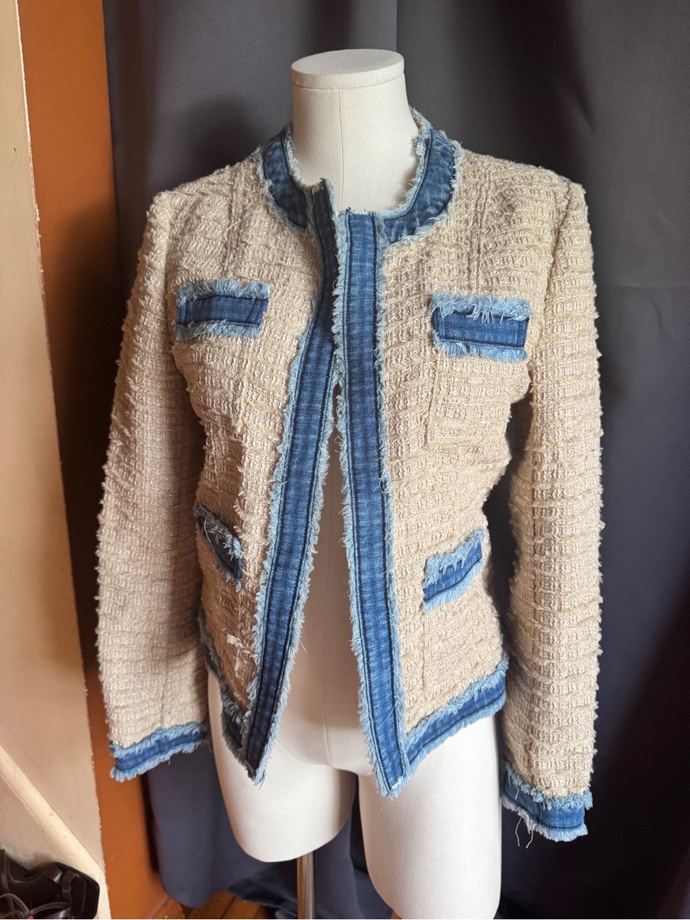 L'AGENCE Cream Tweed Jacket with Blue Denim Trim